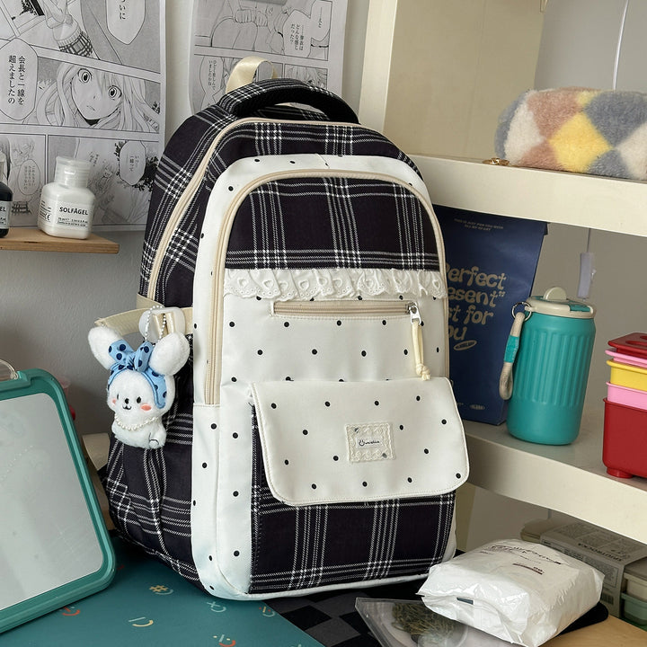 Plaid Patterned School Backpack with Cute Bunny Keychain Stornfield
