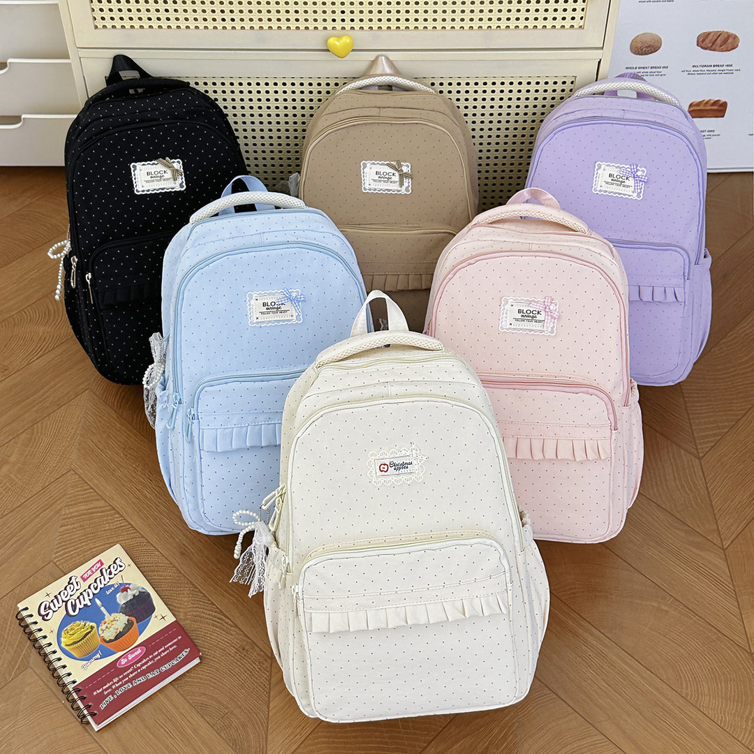 Polka Dot Patterned Backpack with Ruffle Accents Stornfield