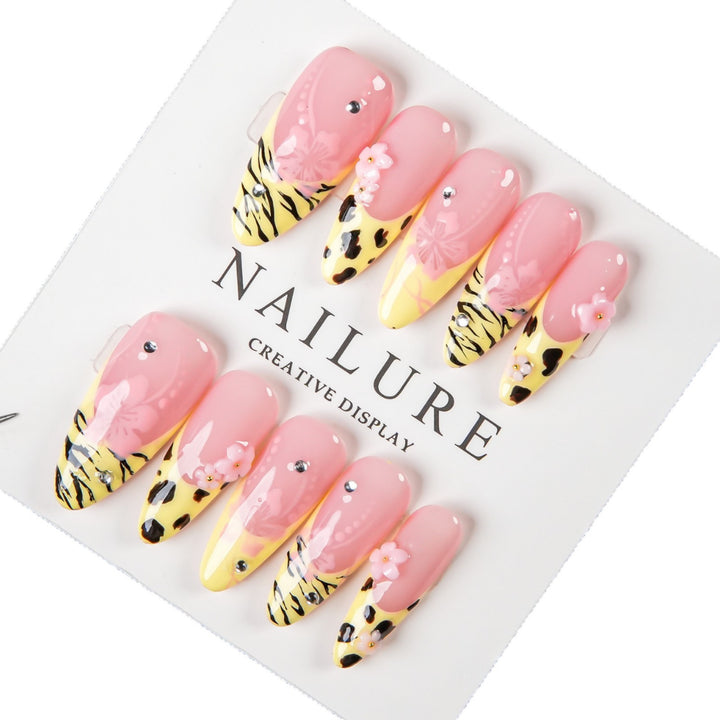 Artistic Stiletto Press-On Nail Set with Floral and Animal Print Accents