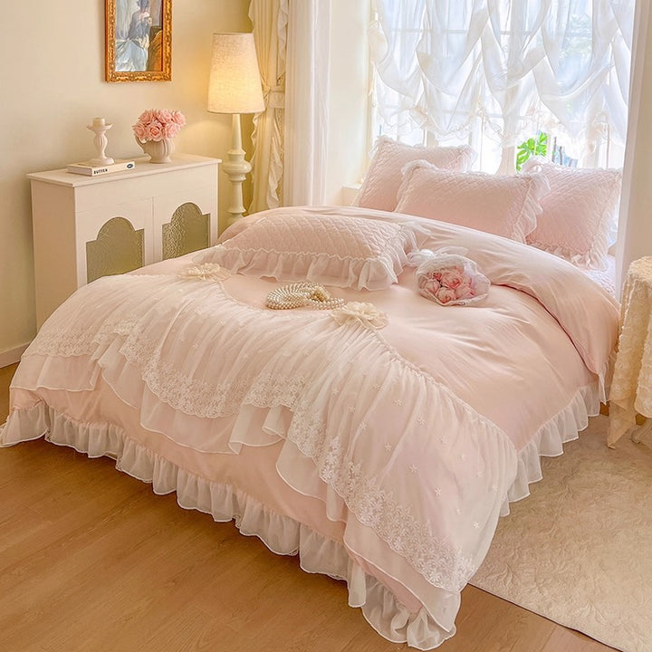 Romantic Ruffled Lace Layered Duvet Cover Set
