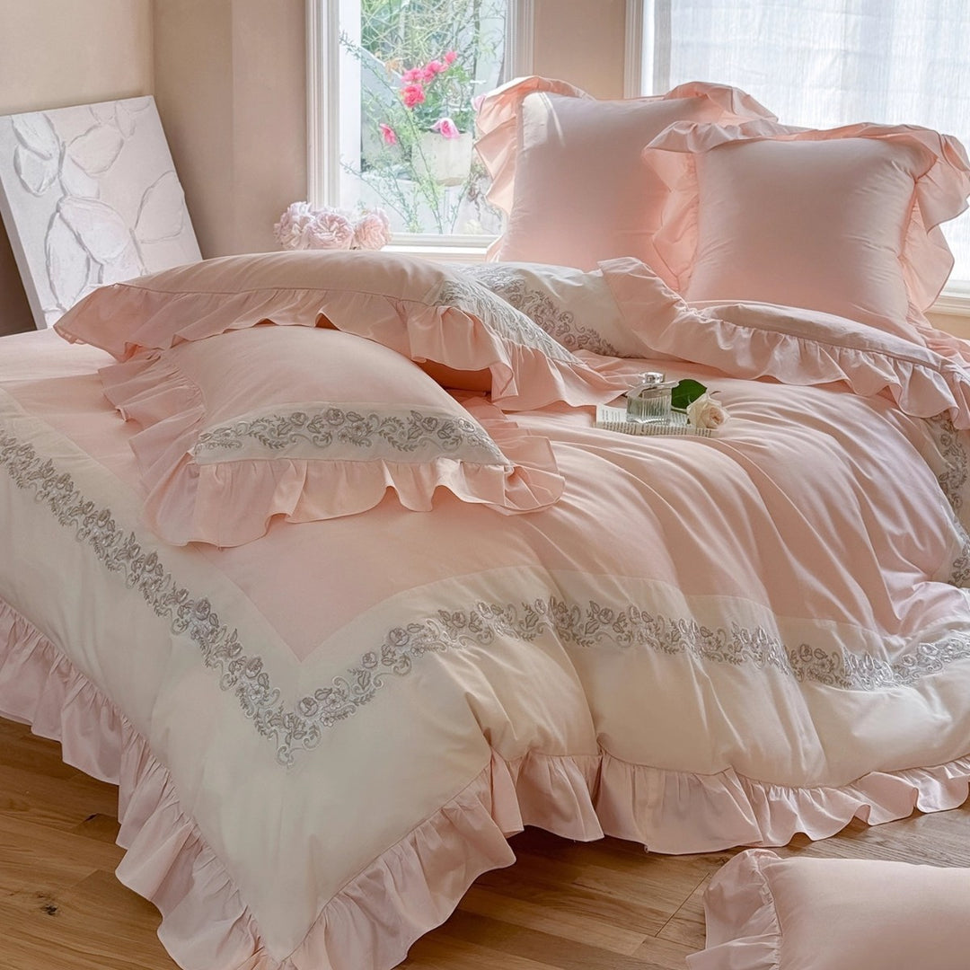 Romantic Ruffle-Trim Cotton Duvet Cover Ensemble with Embroidered Border & Pillow Shams