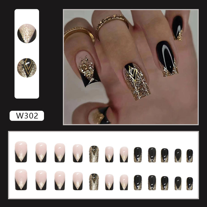 Glamorous Press-On Nail Set with Glitter and Artistic Design Stornfield