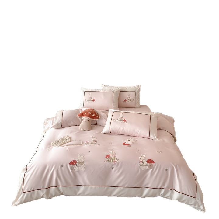 Children's Embroidered Bunny and Mushroom Cotton Sateen Duvet Cover Set