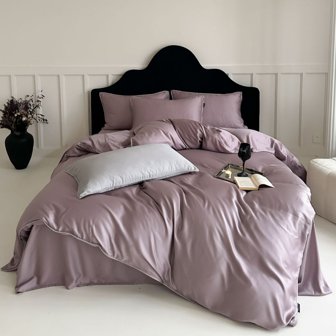 Reversible Premium Satin Bedding Set with Fine Piping and Extra Pillowcases
