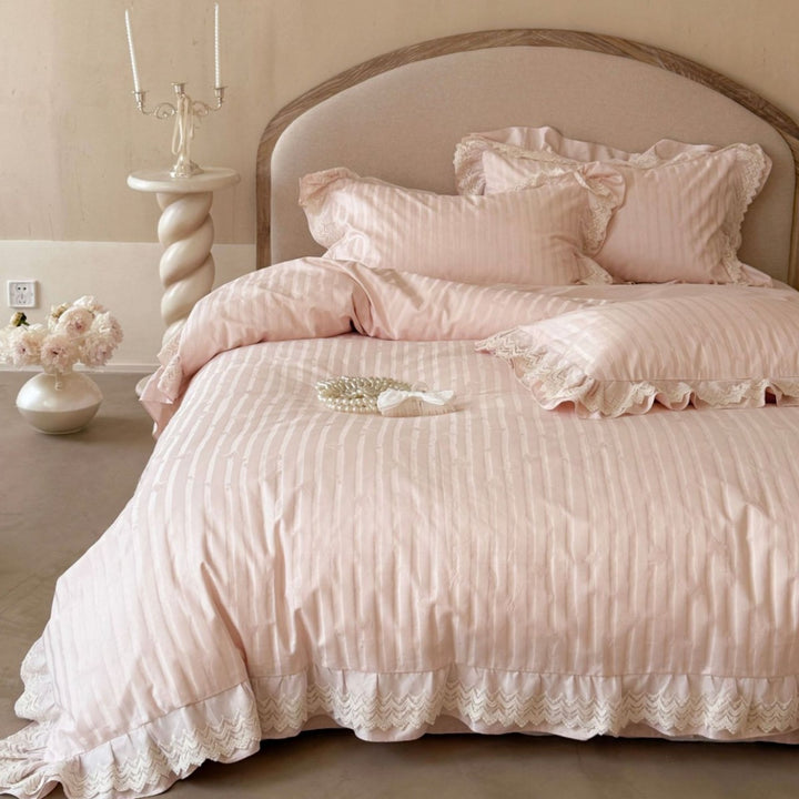Ruffled Lace-Trim Cotton Sateen Striped Duvet Cover Set
