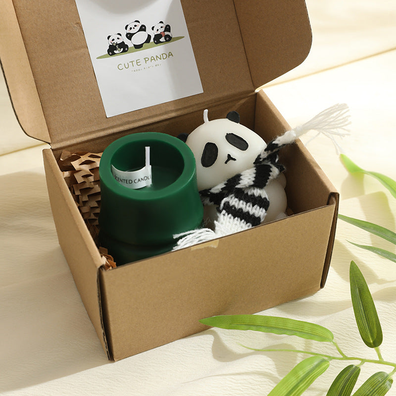 Panda Sculptural Scented Soy Candle Gift Set with Silicone Holder & Knit Scarf