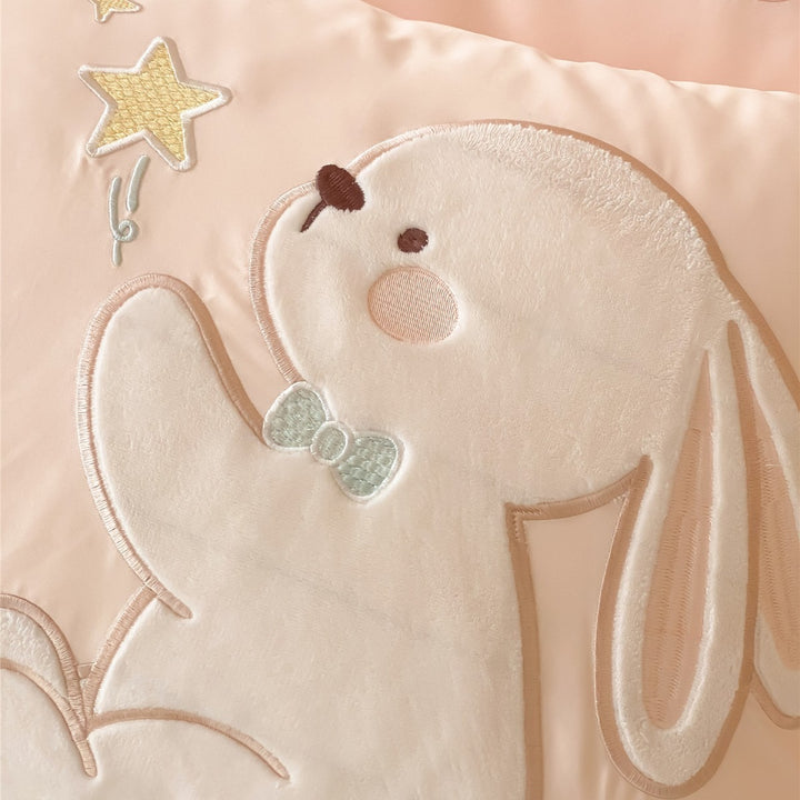 Children's Cotton Duvet Cover Set with Embroidered Bunny and Rainbow Appliqué