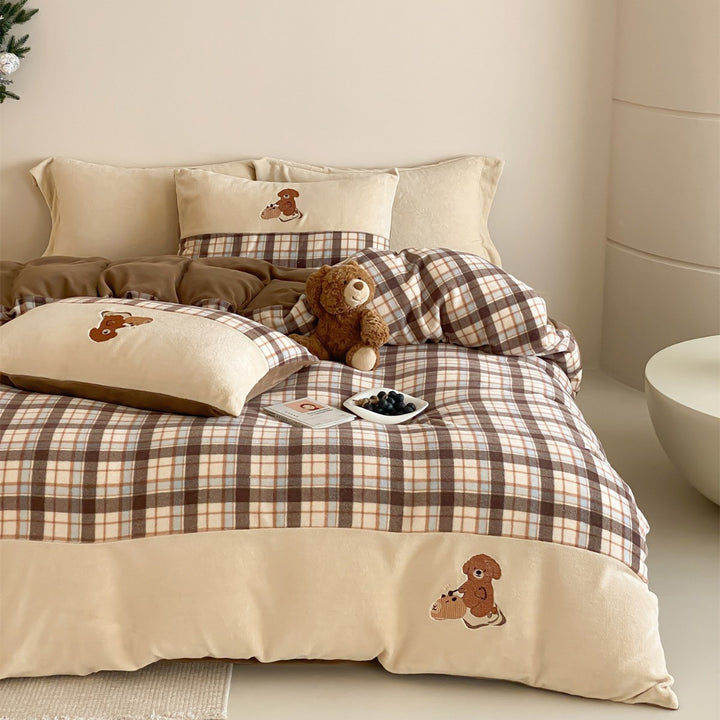 Embroidered Striped Cotton Flannel Duvet Cover Set with Pom-Pom Edge