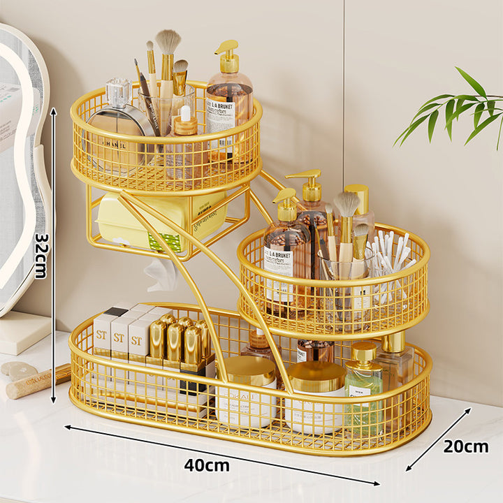 Triple-Tier Mesh Vanity and Countertop Organizer with Integrated Tissue Slot and Metal Grid Baskets