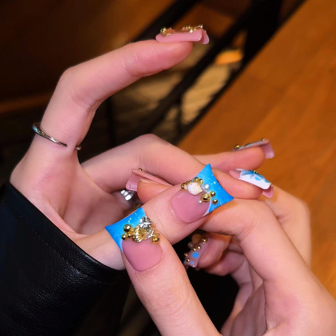 Artistic Press-On Nail Set with 3D Embellishments