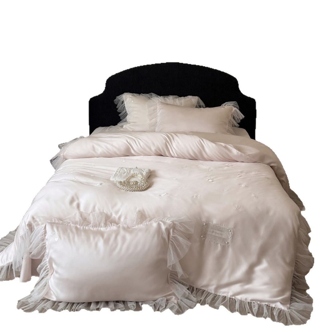 Satin Duvet Cover Set with Tulle Ruffle Trim and Micro-Embroidered Heart Details