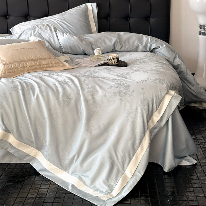 Satin Jacquard Duvet Cover Set with Contrast Border and Floral Motif