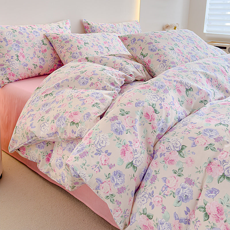 Rose-Print Cotton Sateen Duvet Cover Ensemble with Hypoallergenic Down-Alternative Comforter