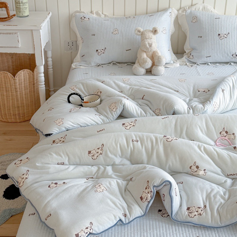 Quilted Cotton-Blend Light Comforter with Botanical Micro-Print and Contrast Piped Edge