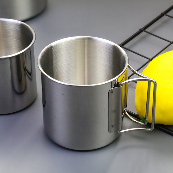stainless steel nesting camping mug set with fold-flat handles and rolled rims Stornfield