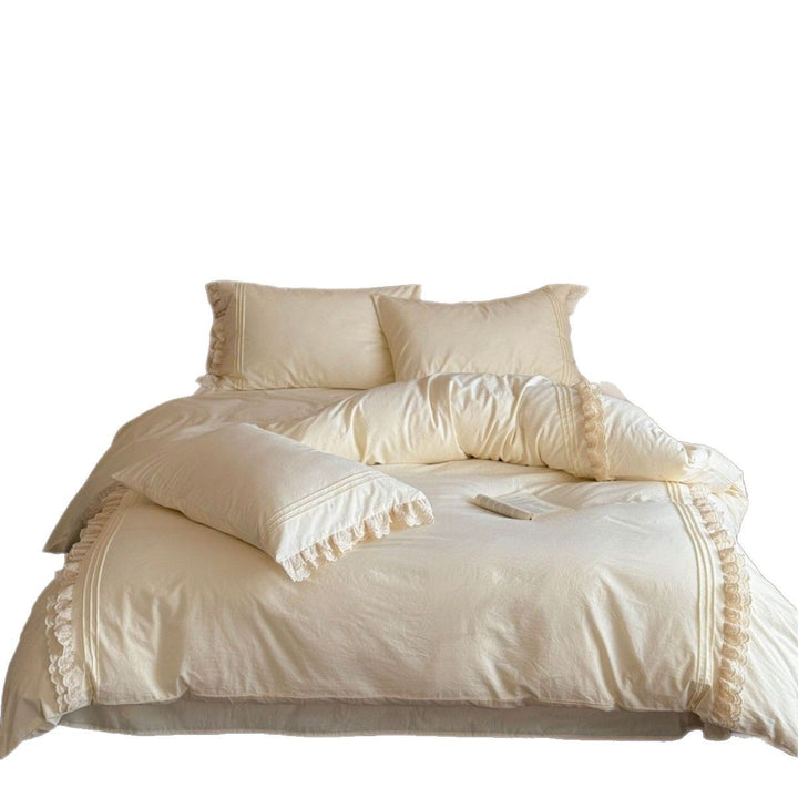 Vintage-Inspired Ruffled Cotton Percale Duvet Cover Set with Scalloped Lace Trim