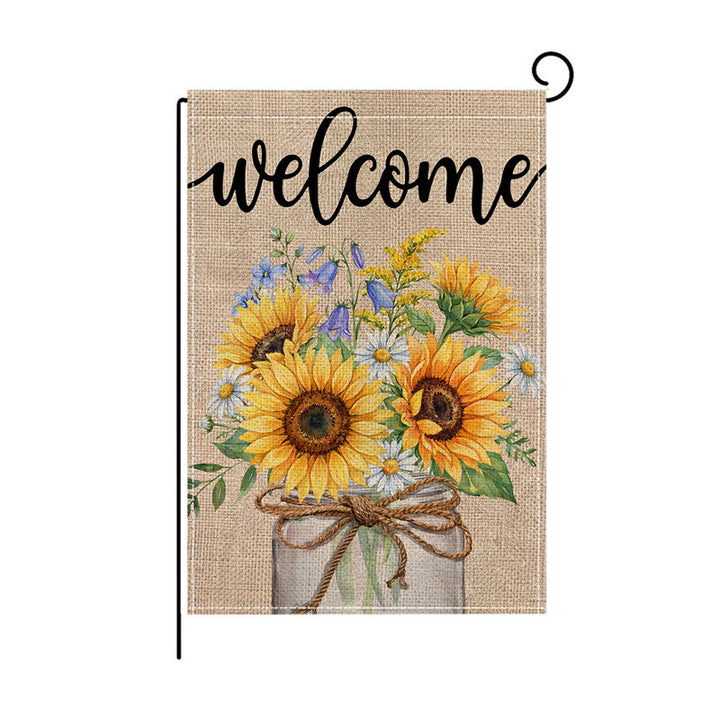 Decorative Burlap-Texture Welcome Garden Banner Flag with Sunflower Bouquet Mason Jar Artwork