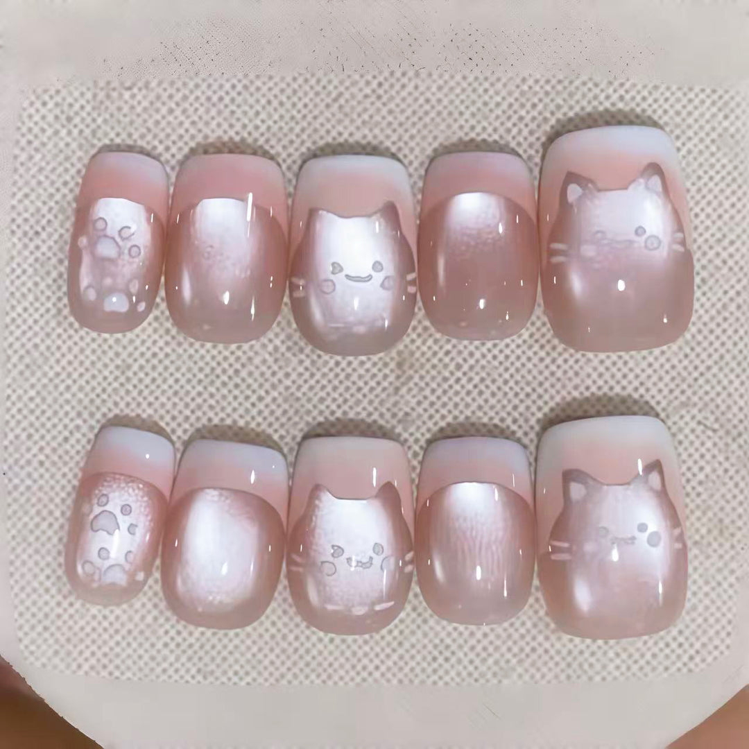 Artistic Press-On Nail Set with Whimsical Cat Designs