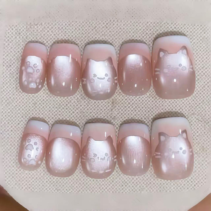 Artistic Press-On Nail Set with Whimsical Cat Designs