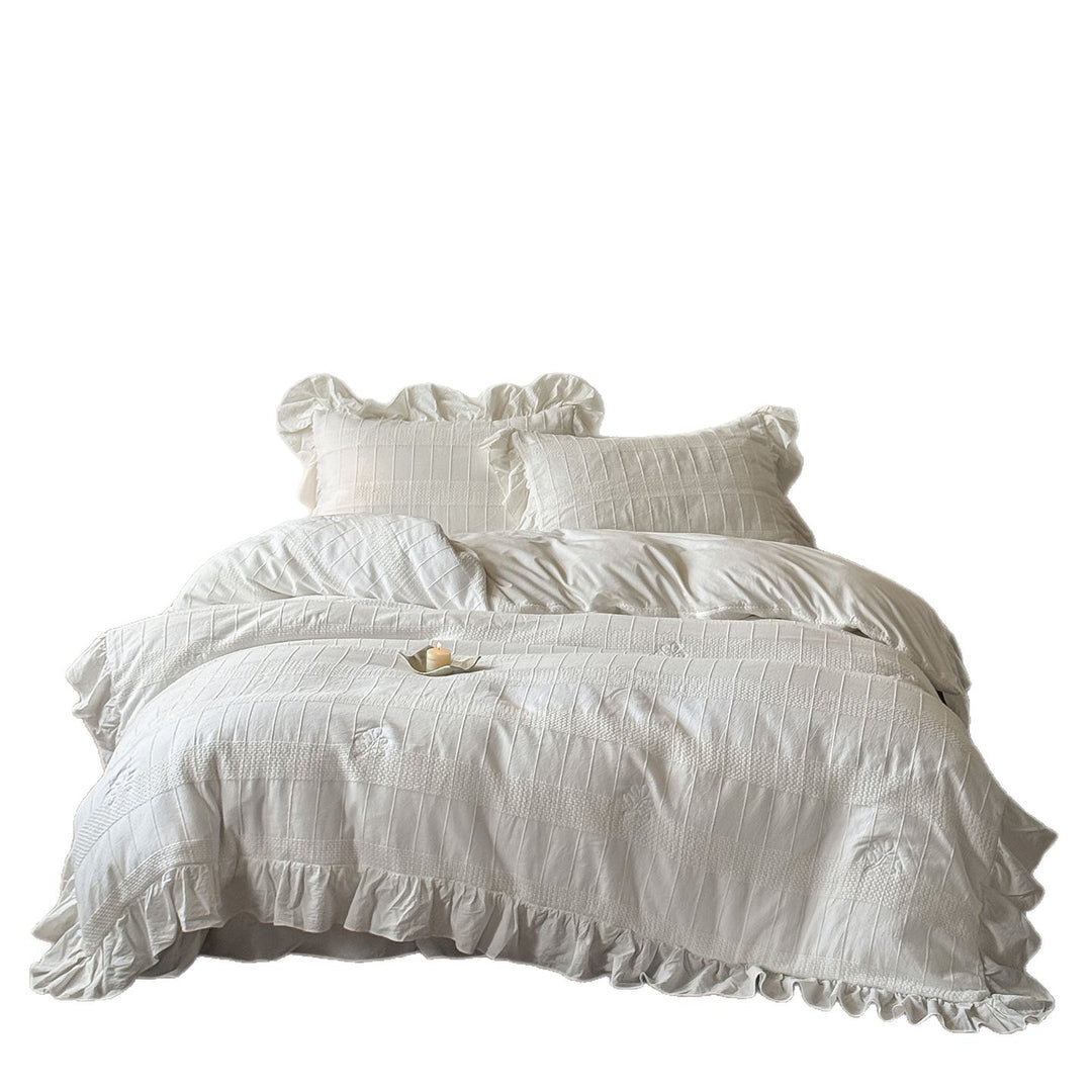 Ruffled Textured Cotton Duvet Cover Set with Matelassé Panels