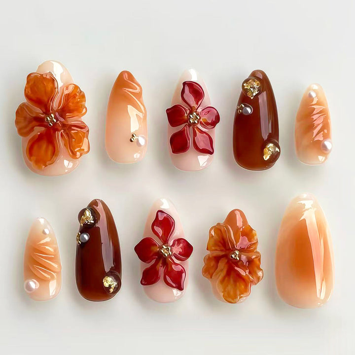 Artistic Press-On Nail Set with Floral Design