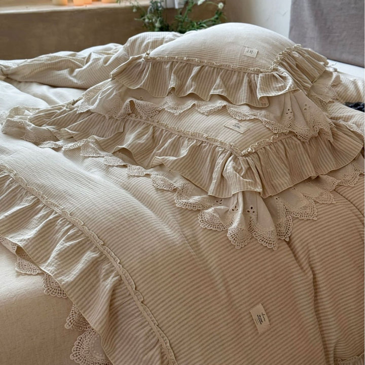 Reversible Striped Cotton Ruffle Duvet Cover Set with Lace-Trim Pillow Shams