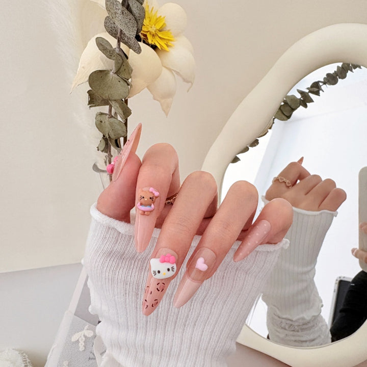Artistic Press-On Nail Set with Floral and Gemstone Accents Stornfield