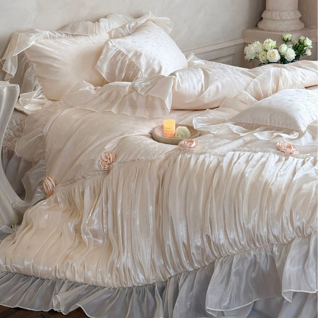 Luxurious Ruffled Satin-Effect Duvet Cover Set with Rosette Accents & Layered Ruffle Skirt