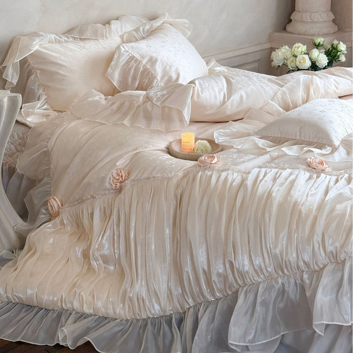 Luxurious Ruffled Satin-Effect Duvet Cover Set with Rosette Accents & Layered Ruffle Skirt