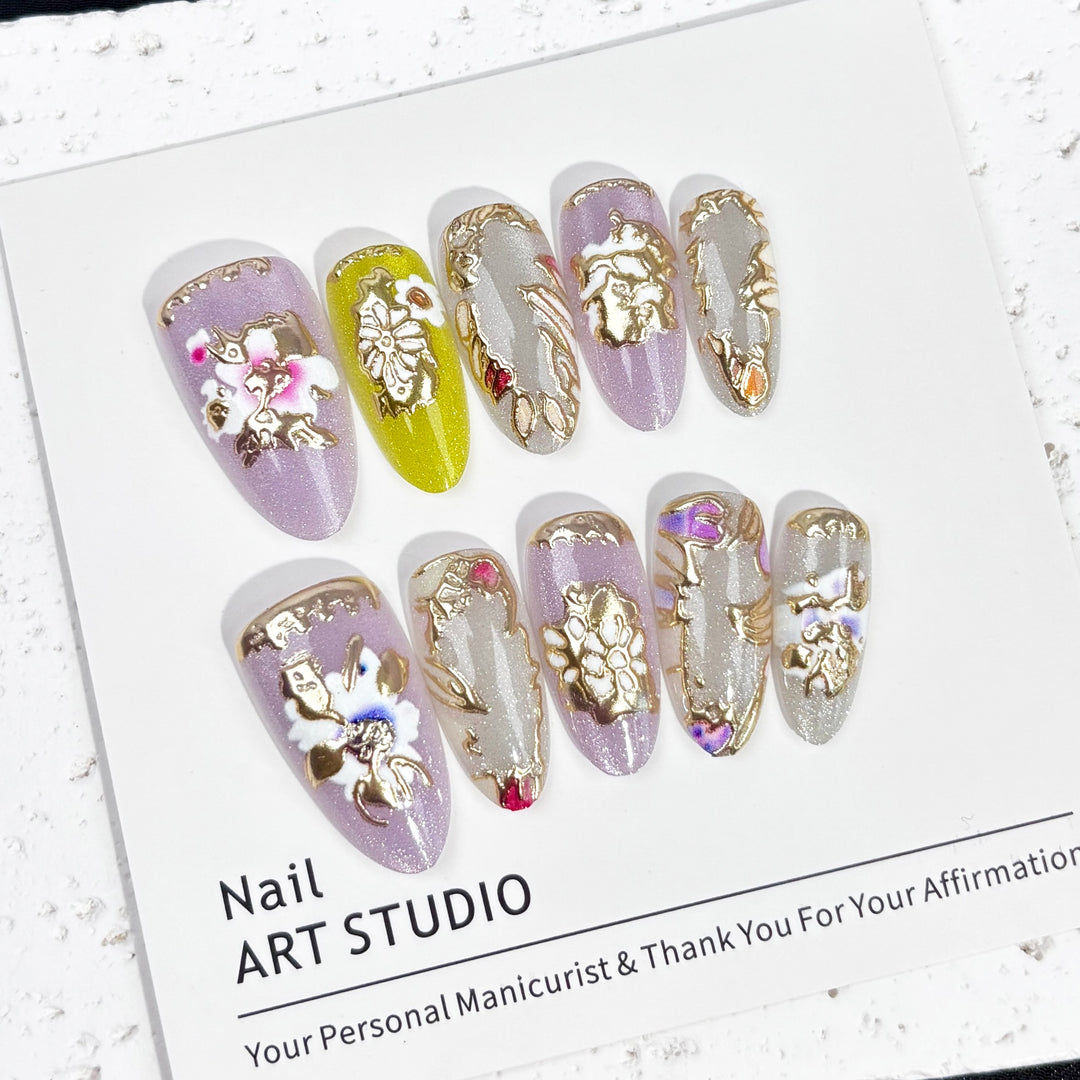 Artistic Floral Jewel-Embellished Press-On Nails