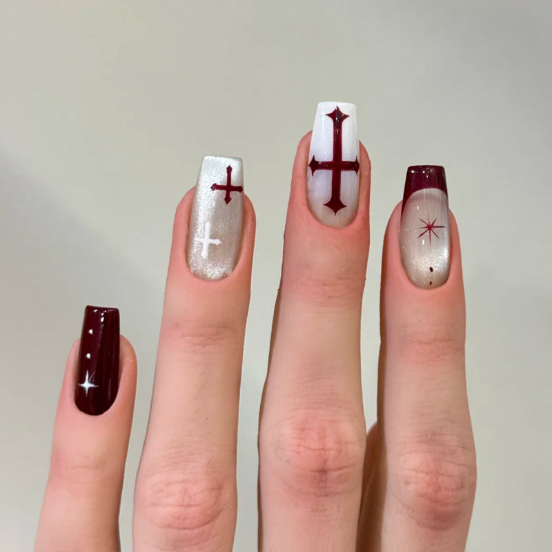 Artistic Press-On Nail Set with Cross Designs Stornfield