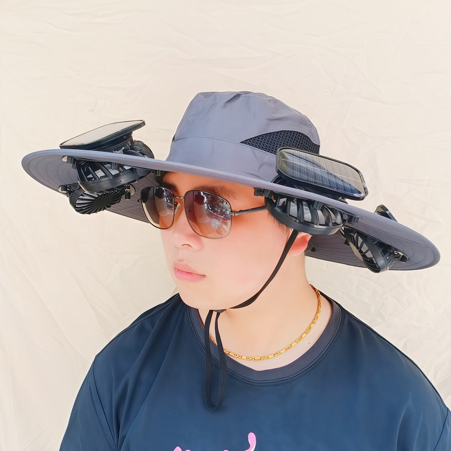 Wide-brimmed sun hat with detachable swivel solar fans and adjustable chin strap Stornfield