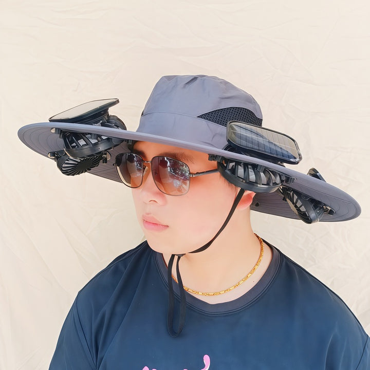 Wide-brimmed sun hat with detachable swivel solar fans and adjustable chin strap Stornfield