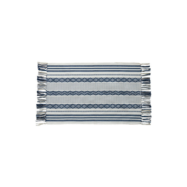 Handwoven cotton runner with low pile, fringes, and geometric stripe pattern