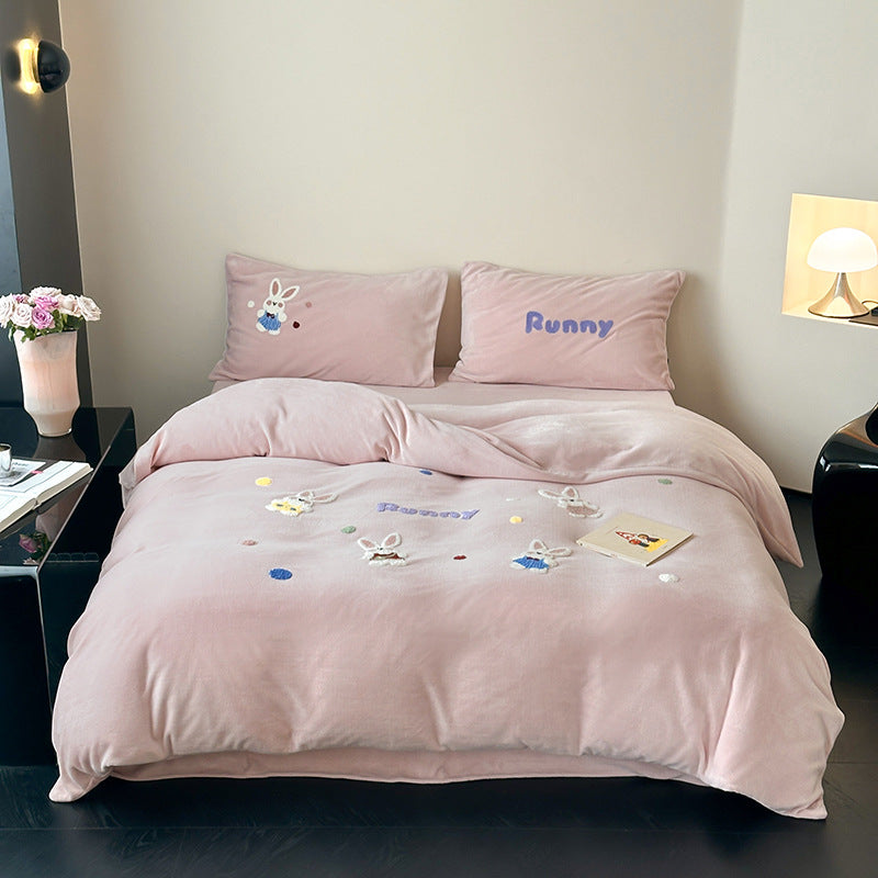 Embroidered Cotton Duvet Cover Set with Whimsical Bunny Appliqué and Reversible Pastel Lining