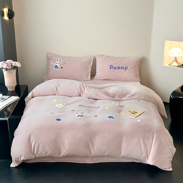 Embroidered Cotton Duvet Cover Set with Whimsical Bunny Appliqué and Reversible Pastel Lining
