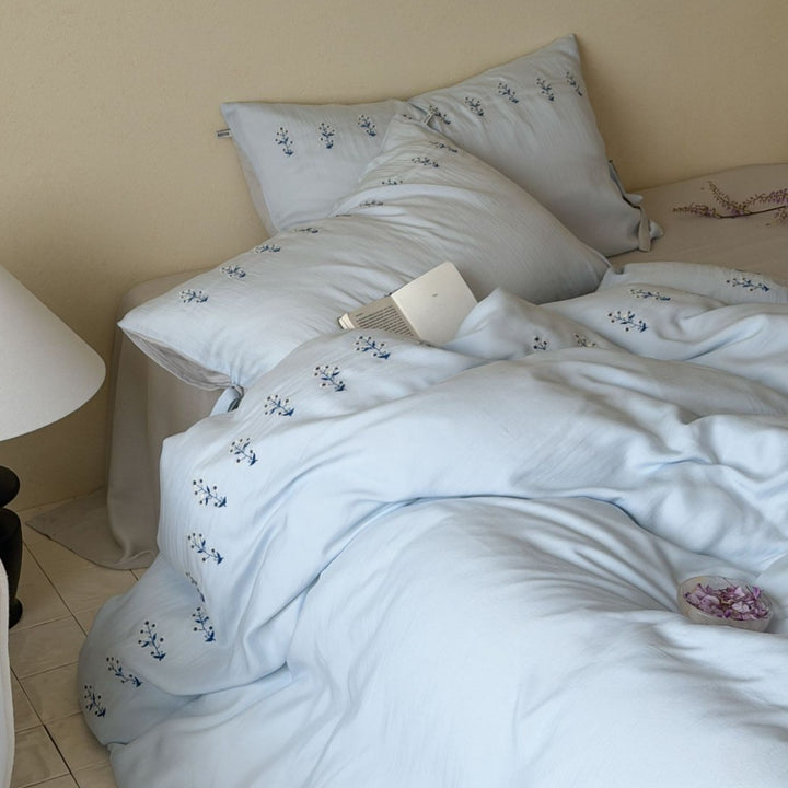 Washed Cotton Embroidered Botanical Duvet Cover and Pillowcase Set