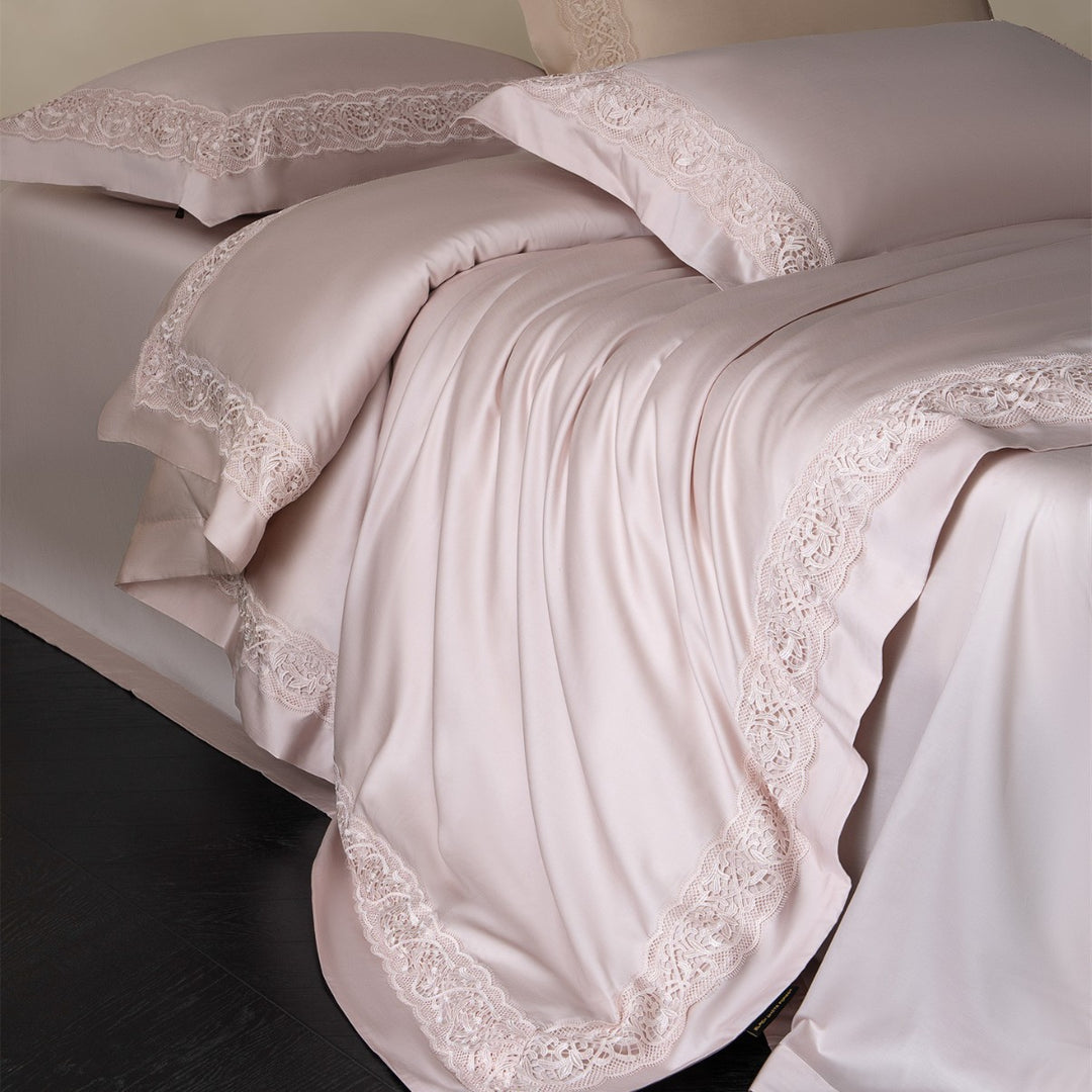 Silky Charmeuse Lace-Trim Duvet Cover Set with Concealed Closure and Matching Shams