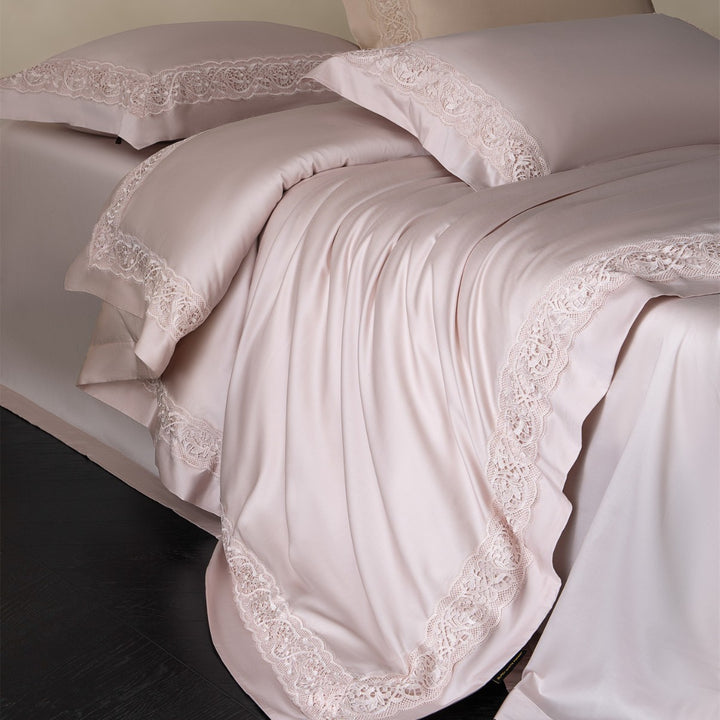 Silky Charmeuse Lace-Trim Duvet Cover Set with Concealed Closure and Matching Shams
