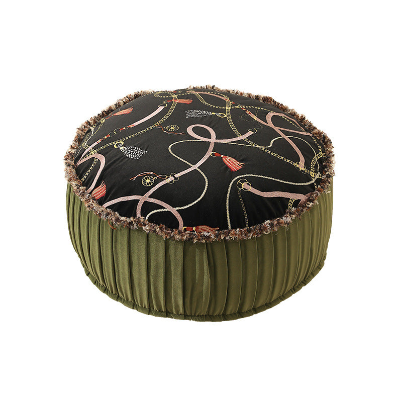 Beef hand-woven pouf with floral print and padded seat surface