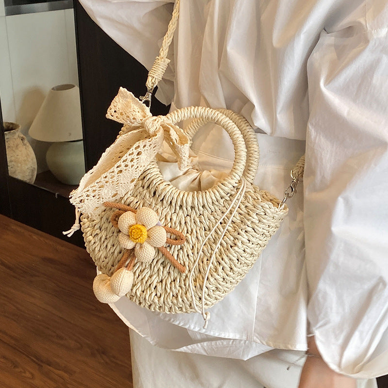 Handcrafted Floral Accent Straw Tote Bag
