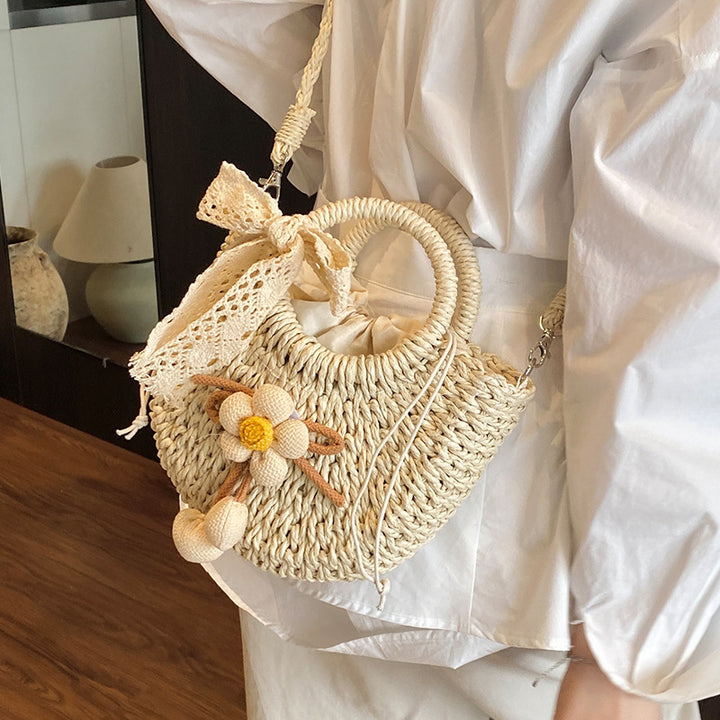 Handcrafted Floral Accent Straw Tote Bag