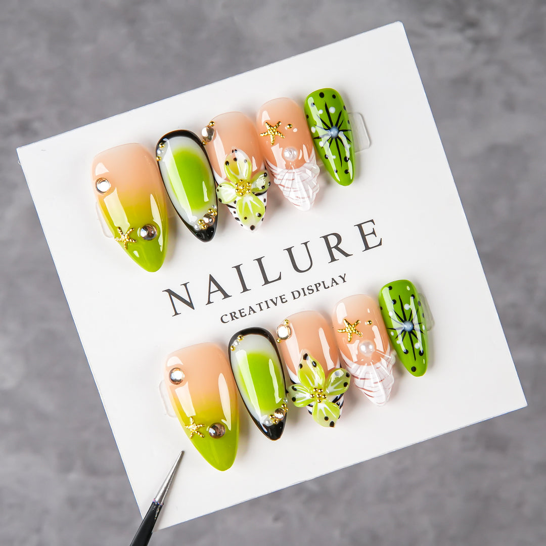 Decorative Press-On Nail Art Set with Floral and Jewel Accents