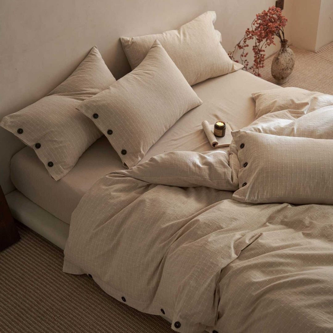 Button-Closure Striped Cotton-Linen Duvet Cover Set with Matching Pillowcases