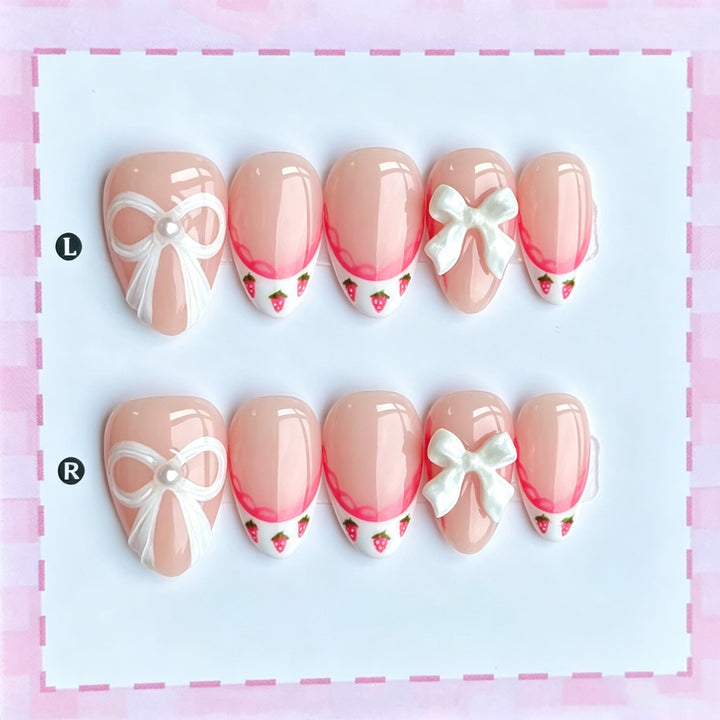 Decorative Bow and Strawberry-Themed Press-On Nail Art Set Stornfield