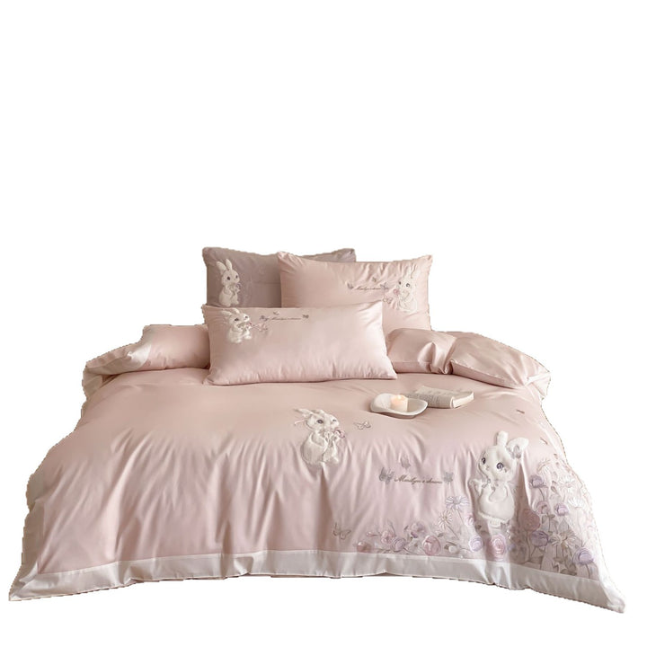 Romantic cotton satin bed linen with 3D plush rabbit appliqué and floral embroidery