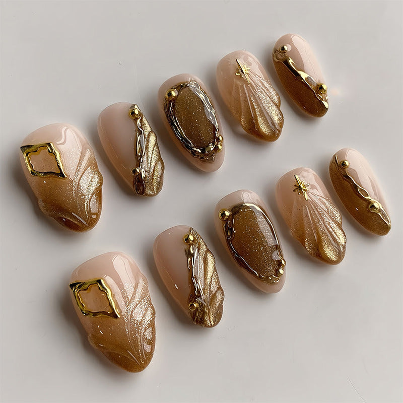 Luxurious Press-On Nail Set with Ornate Gold Detailing Stornfield