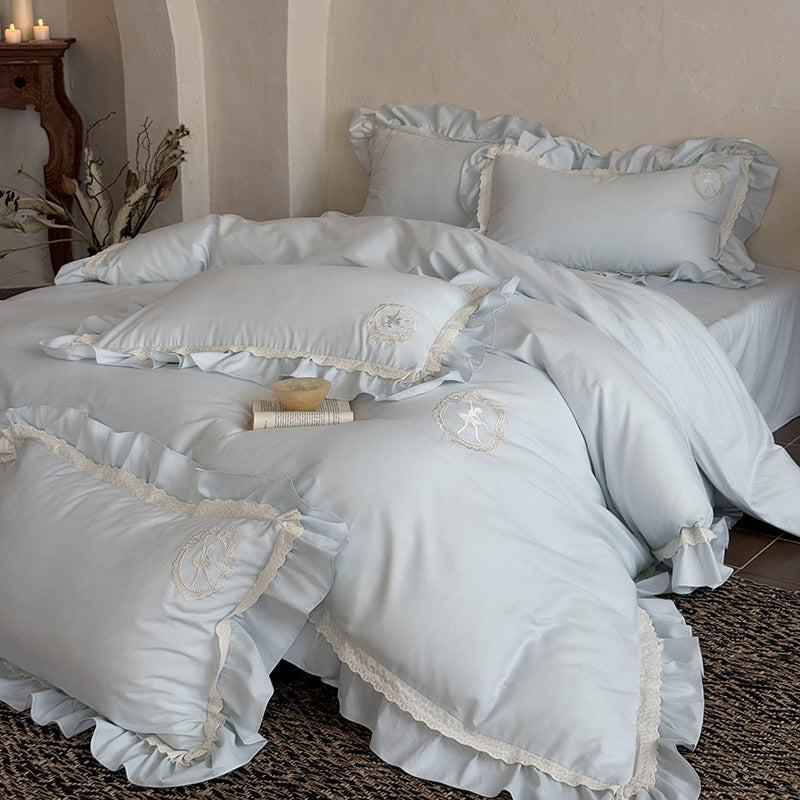 Luxury Ruffled Embroidered Cotton Duvet Cover Set