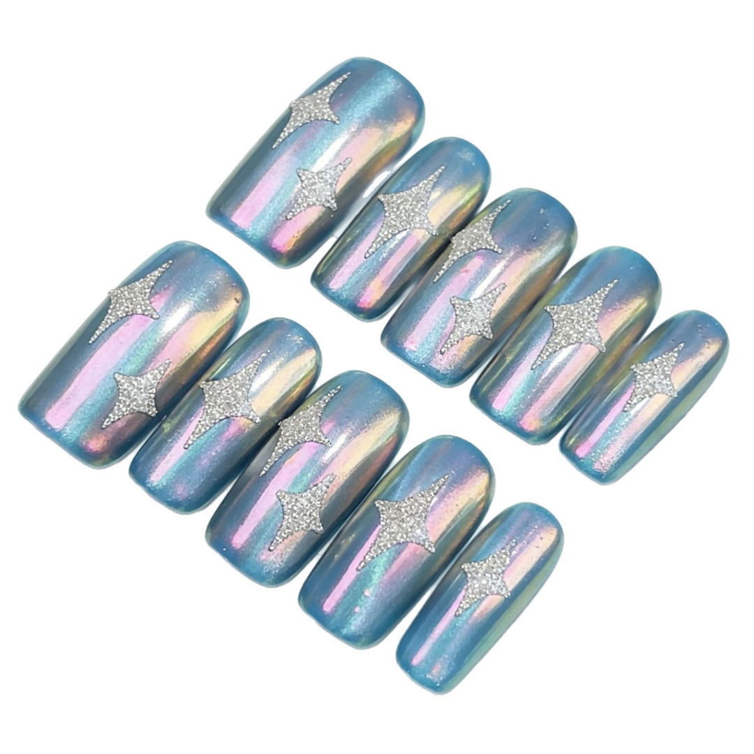 Holographic Star Design Press-On Nails