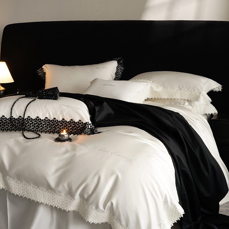 Luxurious satin bedding set with fine lace trim